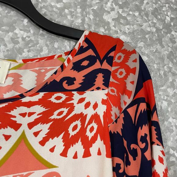 Sabine Coral & Blue Boho Printed 3/4 Sleeve Chiffon Top - Size XS - Scoop Neck - Picture 2 of 7